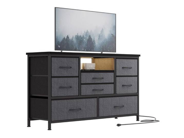 Meuble TV 8 tiroirs prises USB LED RGB cadre métal TV 55 pouces pour chambre salon Gris