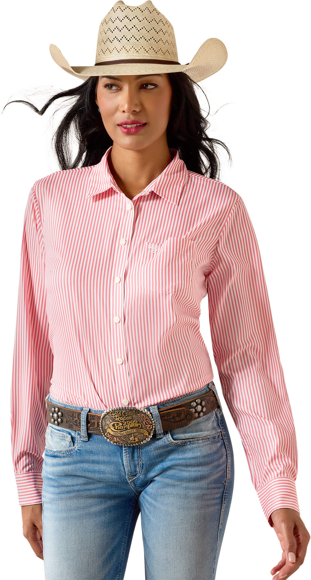 Women's Kirby Pro Shirt in Sun Kissed Coral Stripe, Size: Large by Ariat