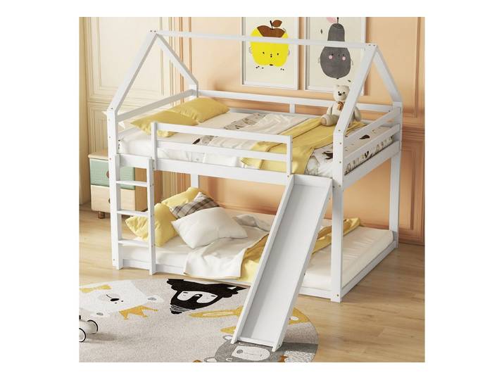 TavilaEcon Etagenbett Kinderbett, Hausbett mit Rutsche und Leiter in kreativem Design, aus Kiefernholz und MDF, mit durchgehenden Absturzsicherungen