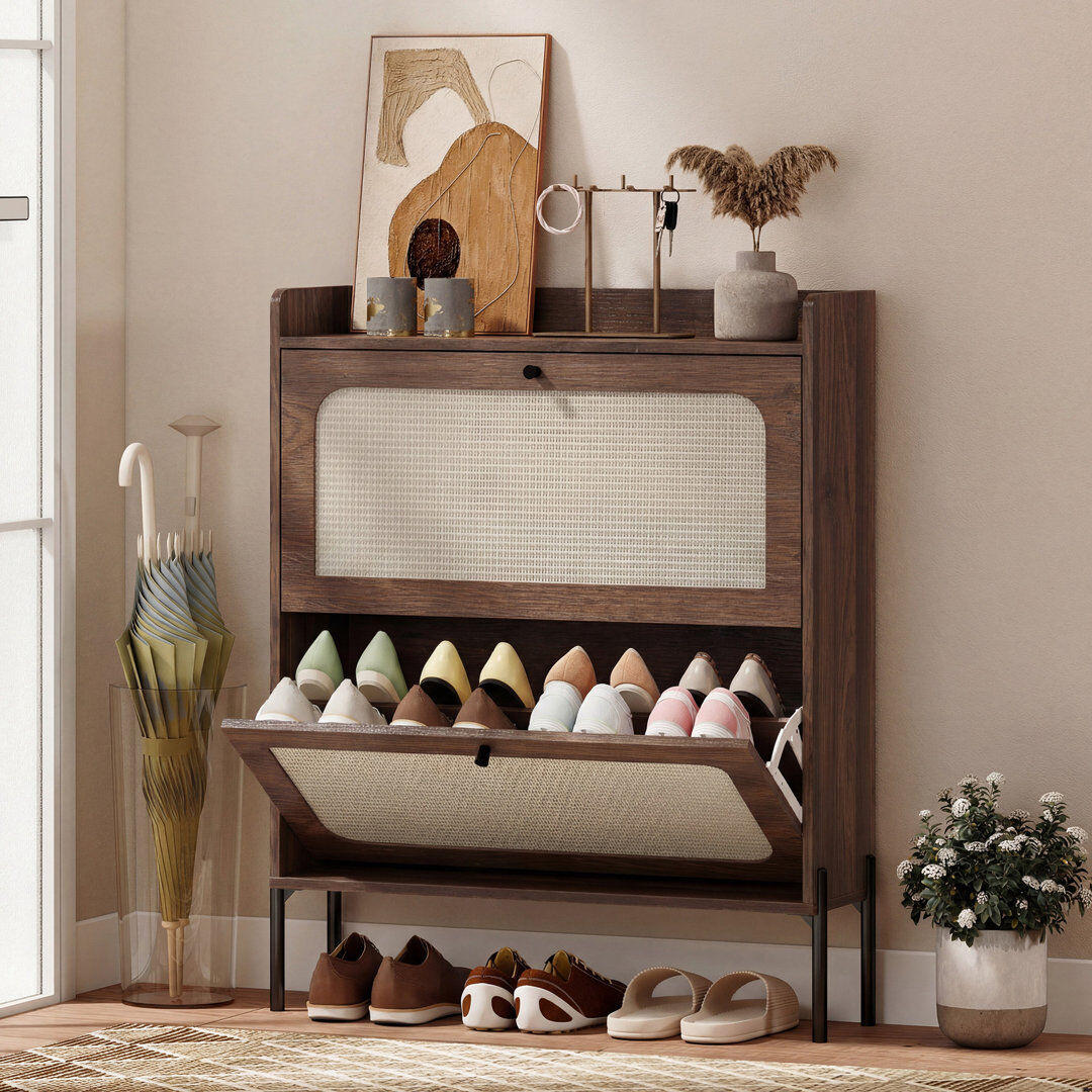 Bloomsbury Market HOMCOM Boho Narrow Shoe Cabinet, Shoe Rack with 2 Flip Drawers Dark Brown Wood 16