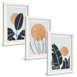 BILDER SET 3er Set - 20x30 cm Weißer Rahmen - Pflanzenmuster große Sonnen minimalistisch