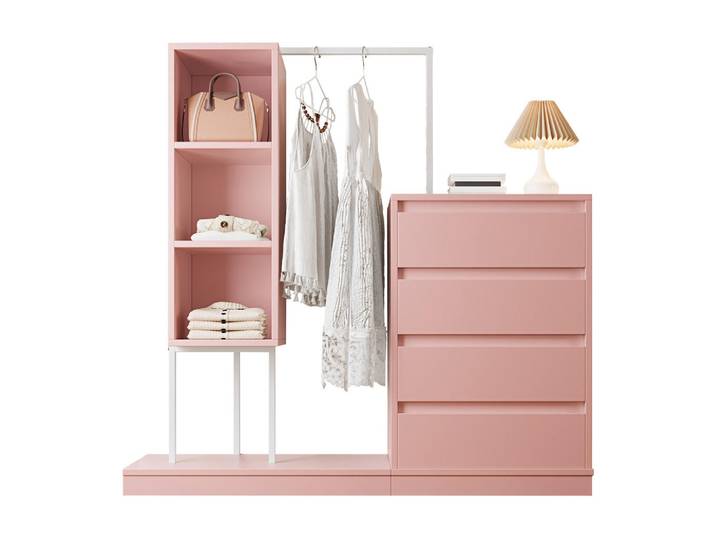 Stilvora Garderoben-Set in Rosa mit Kleiderstange und Schubladen für Schlafzimmer und Flur, B140/T40/H135 cm, Metall, 2 Fächer, Rechteckig,Rechteckig, 140x127.5x40 cm, Garderobe, Garderoben-Sets & Garderoben-Serien, Garderoben-Sets