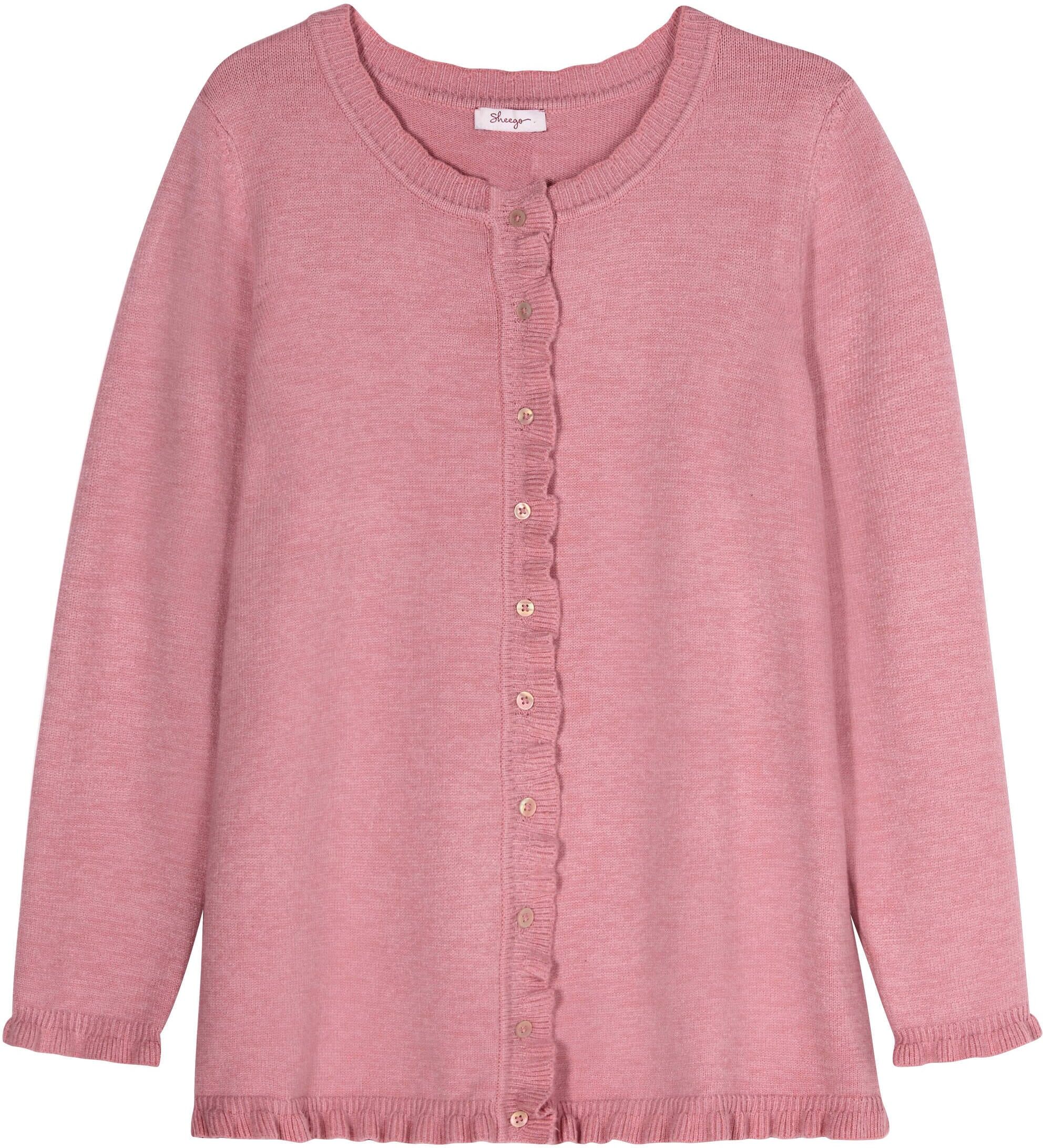 Strickjacke SHEEGO "Cardigan Cardigan mit verspielten Volants", Damen, Gr. 44/46, rosa (hortensie, meliert), Single-Jersey, , Modisch, Rundhals, Strickjacken Strickjacke
