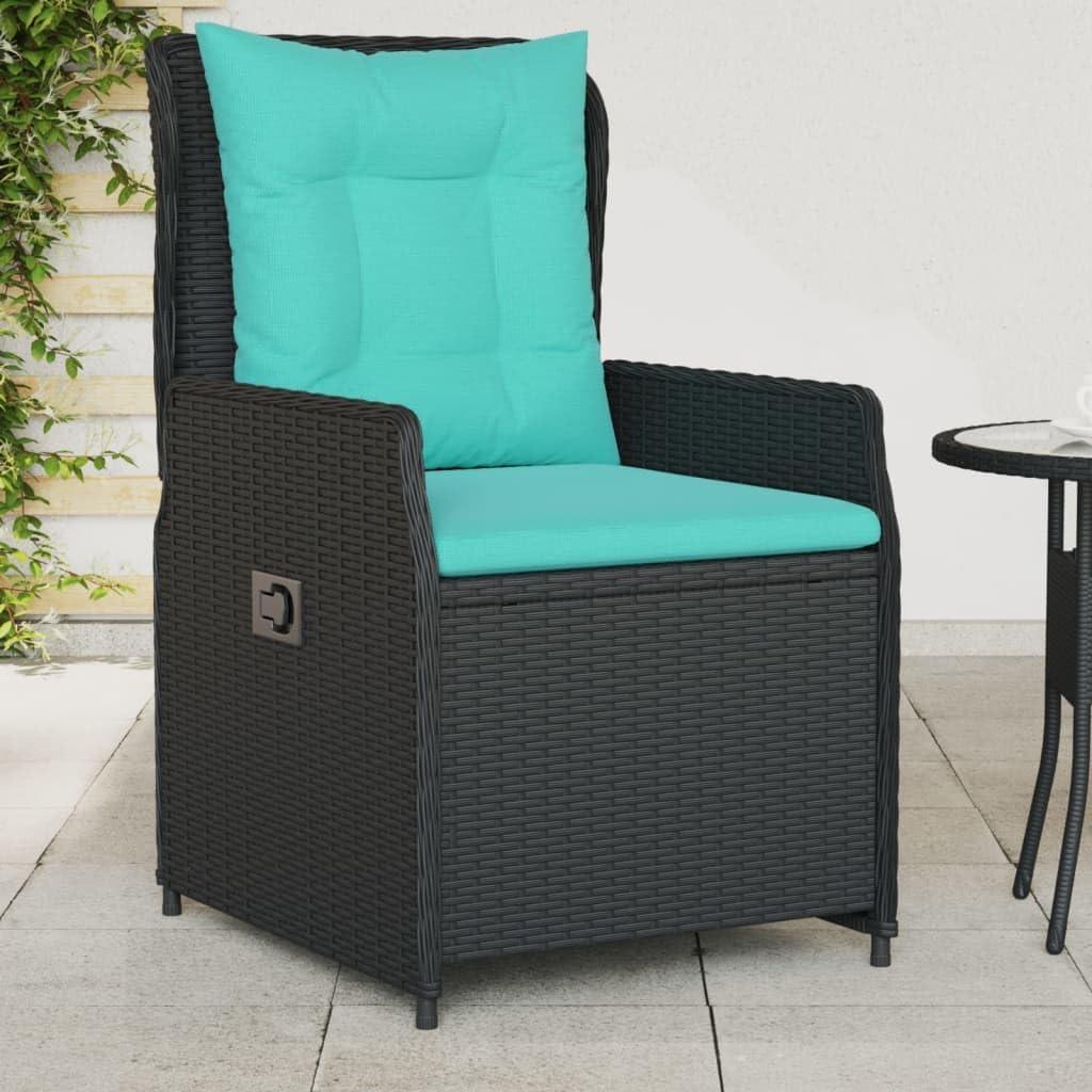 2er-Set schwarze Liegestühle aus Polyrattan für den Garten mit verstellbarer Rückenlehne, UV-beständig, türkisen Kissen und 110 kg Tragkraft