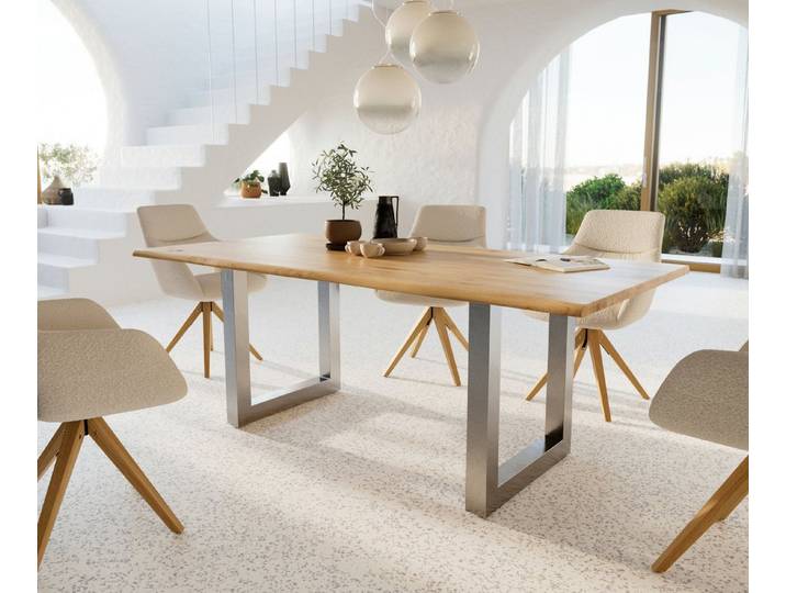 DELIFE Esstisch Edge, Eiche Natur 200x100x2,5-3 Edelstahl Breit Live-Edge