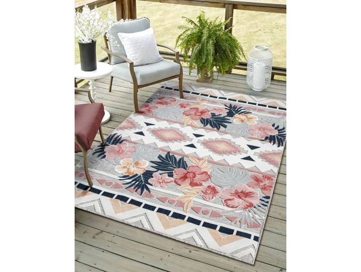 Outdoorteppich Lotus, LAGERRÄUMUNG , bunt (grau,multi), B:200cm H:8mm L:300cm, Polypropylen, MYFLAIR MÖBEL & ACCESSOIRES, Teppiche, Outdoorteppich, florales Design, Blumen Motiv, Outdoor geeignet, Balkon, Terrasse