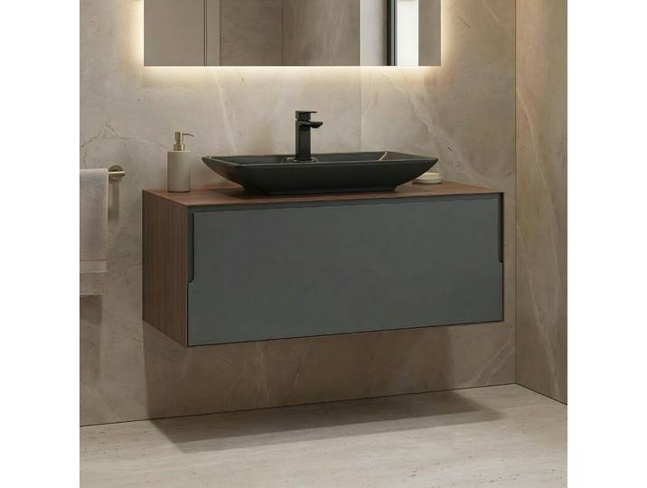 Meuble vasque 100 cm suspendu 1 tiroir + vasque RIA - Gris