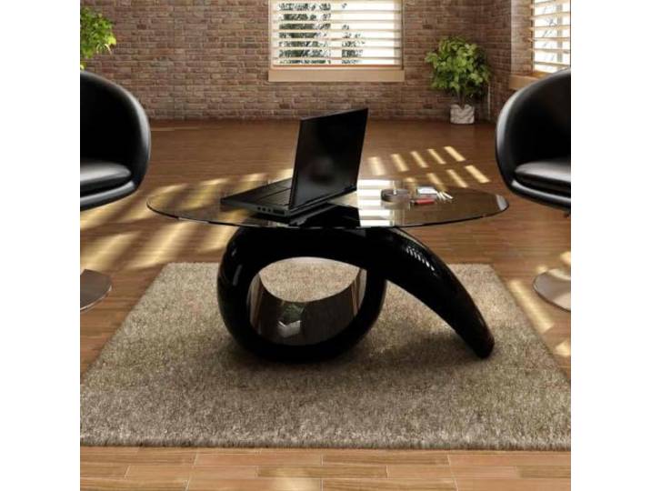 TEKGHUT Ovaler Couchtisch mit Glasplatte in Hochglanz Schwarz Ovale Glasplatte, Hochglanz Schwarz, Stauraum für Zeitschriften, vielseitig als Nachttisch nutzbar, pflegeleichte Oberfläche