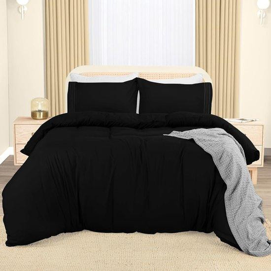 Benza Ibenzoa Microvezel beddengoedset - Zwart, 3-delig (hoeslaken, kussensloop, dekbedovertrek) met borduursels, rits en verstelbare hoekbanden