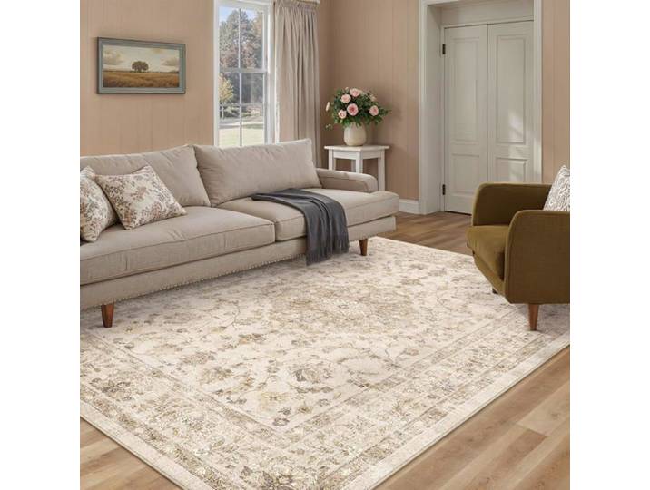 Tapis Salon Lavable Beige 140x200cm Vintage Tapis pour Salon Poils Courts Antidérapant Doux Rétro Boho Carpet pour Cuisines Chambre