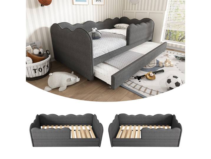 Lit de repos rembourré 90x190cm, canapé-lit avec lit gigogne 90x190cm, lit enfant avec treillis sans matelas