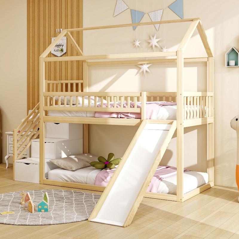 Kinderhochbett 90x200cm aus Holz mit Rutsche und Stauraumleiter, hoher Rausfallschutz, Lattenrost inklusive, naturfarbene Optik fürs Kinderzimmer