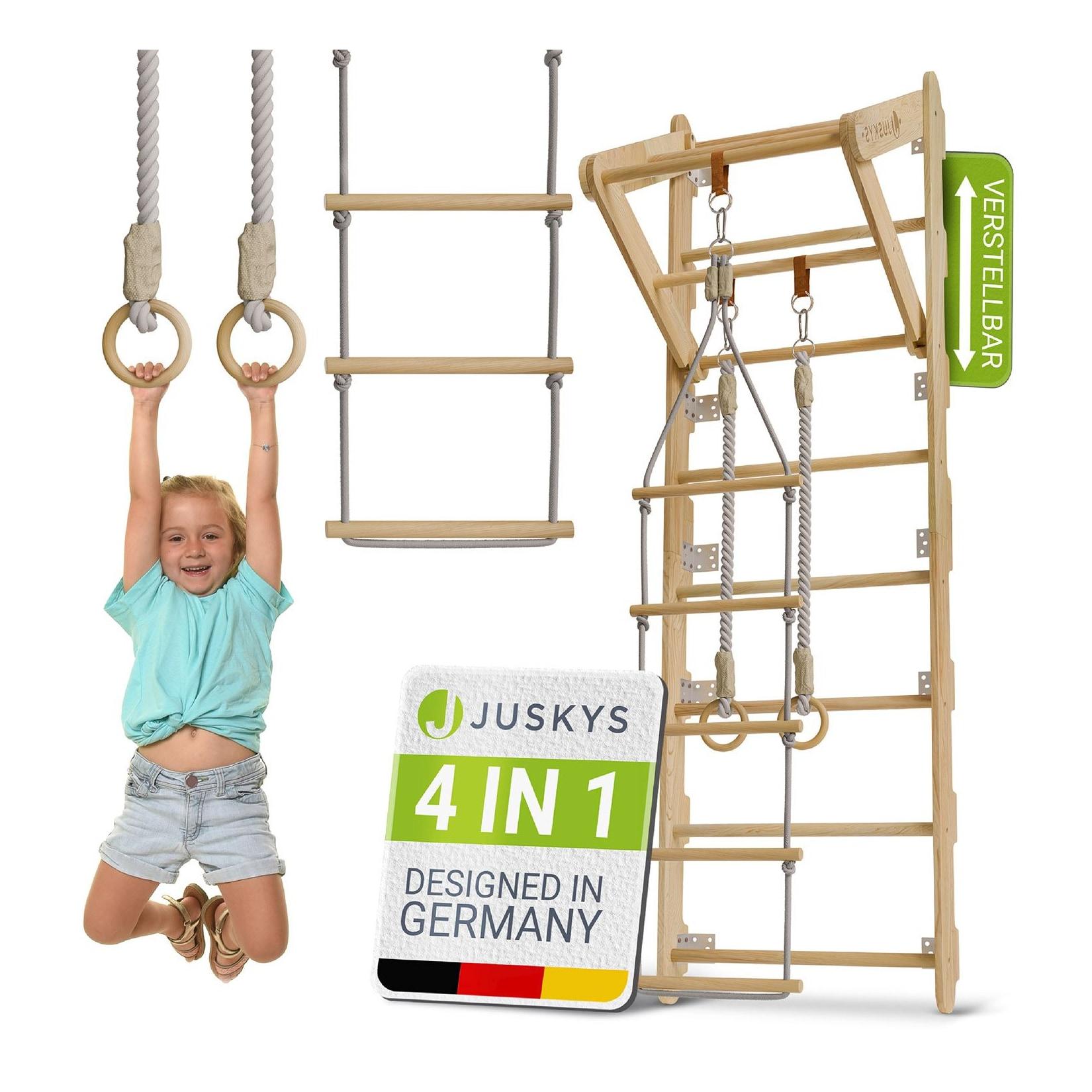Juskys Sprossenwand für Kinder - Indoor Klettergerüst mit Turnringen, Klimmzugstange, Strickleiter