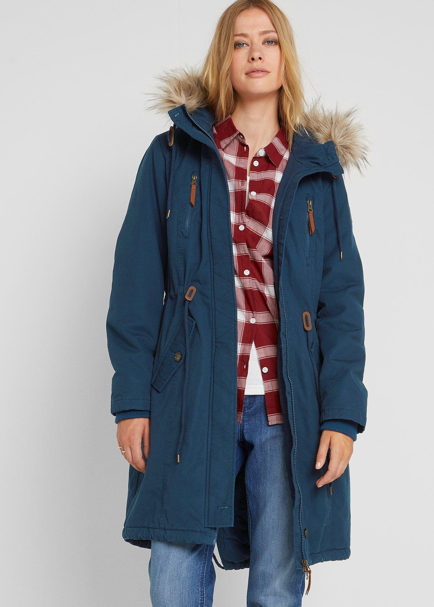 bonprix Winterparka mit Fellimitat-Kapuze, blau, Gr.38, Trendiger Winterparka mit Fellkragen, 100% Baumwolle