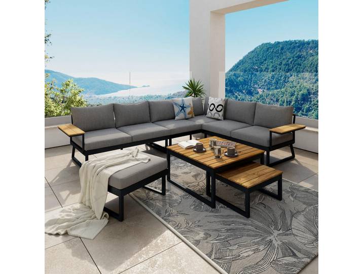 Ambia Garden Loungegarnitur Teakholz, Schwarz, Dunkelgrau, Teakfarben, Holz, Metall, Teakholz, Füllung: Schaumstoff,Schaumstoff, 289x224 cm, Gartenmöbel, Loungemöbel, Loungegarnituren