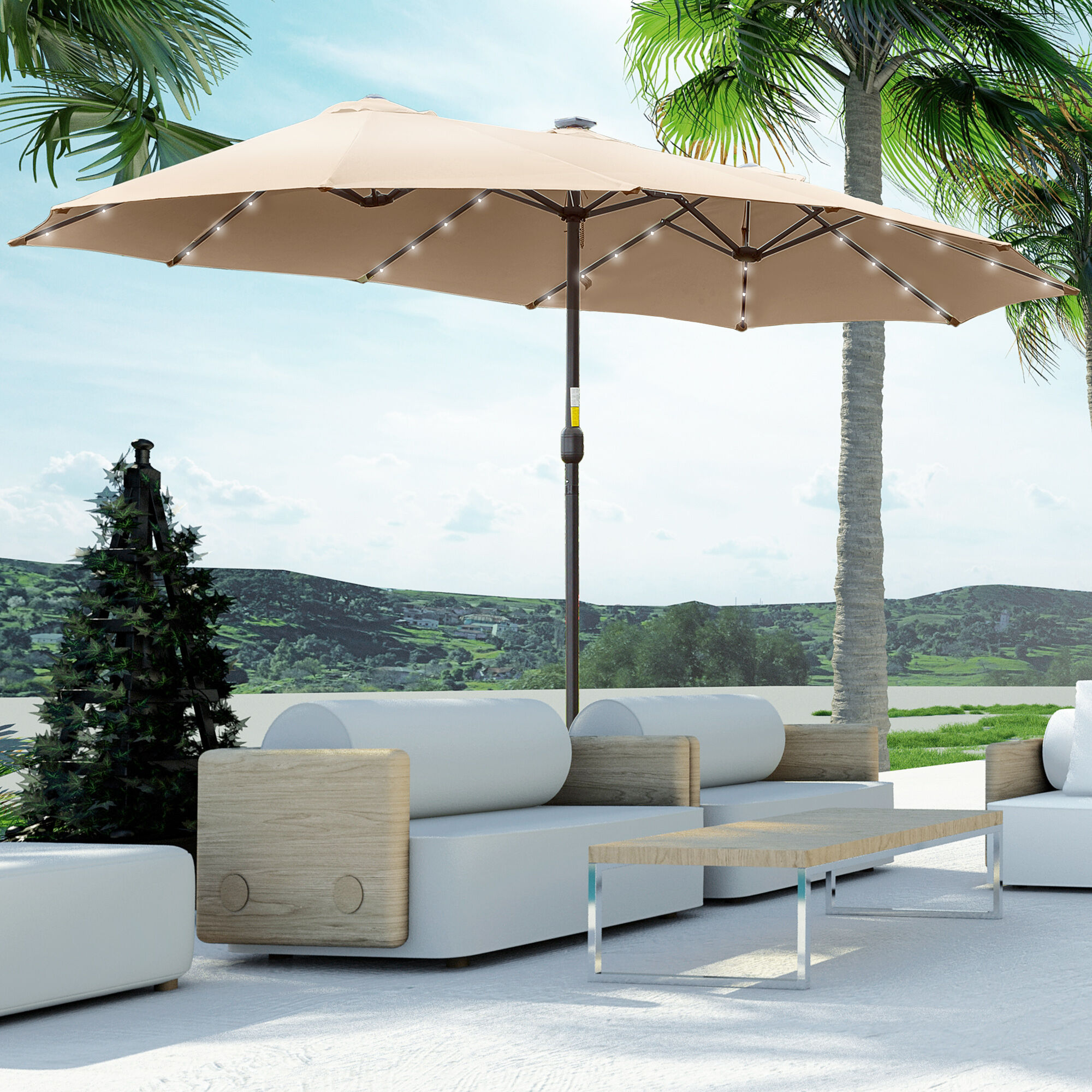 Altro Ombrellone Da Giardino Doppio 4.5m Con 48 Luci Led E Manovella, Cachi