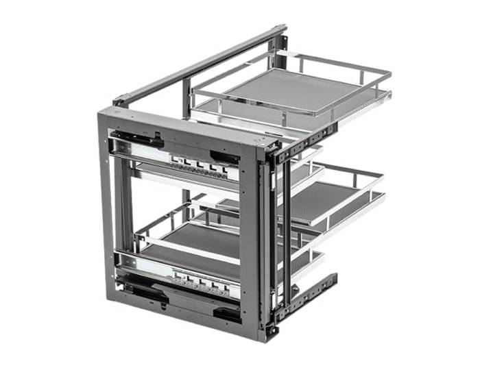 GTV Cargo Eckschrank-Auszug MOVIX PRO – 2 Ebenen, Magic Corner, 450 mm Front, Chrom, Links/rechts montierbar, Soft-Close, rutschfeste Matten, 900 mm Korpus