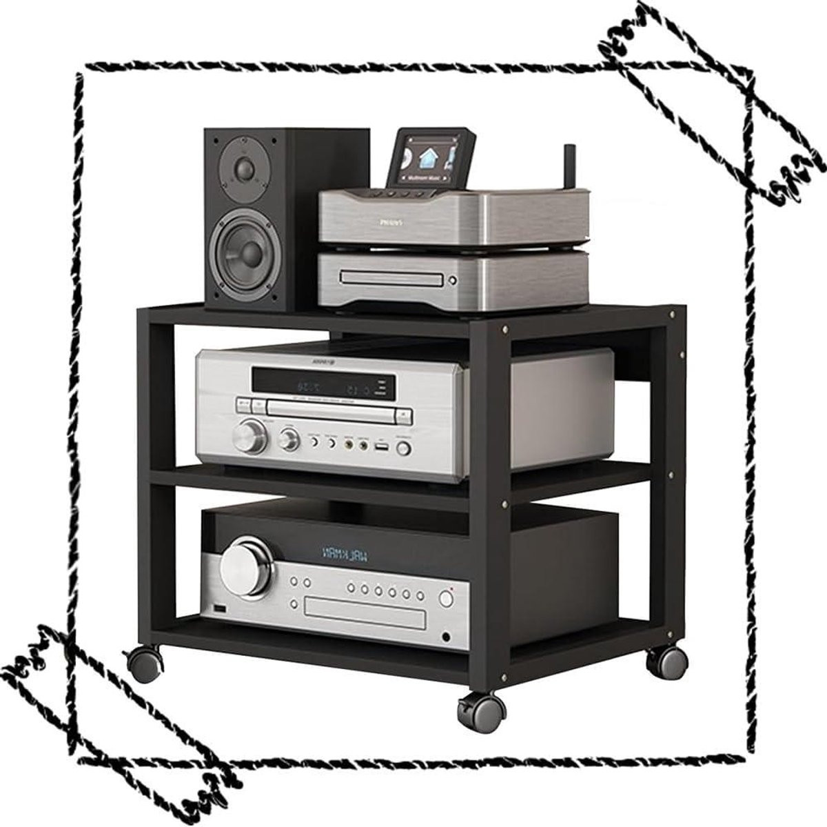 Hifi Rack Audio Kast met 4 Verstelbare Lagen en Zwenkwielen - Zwart