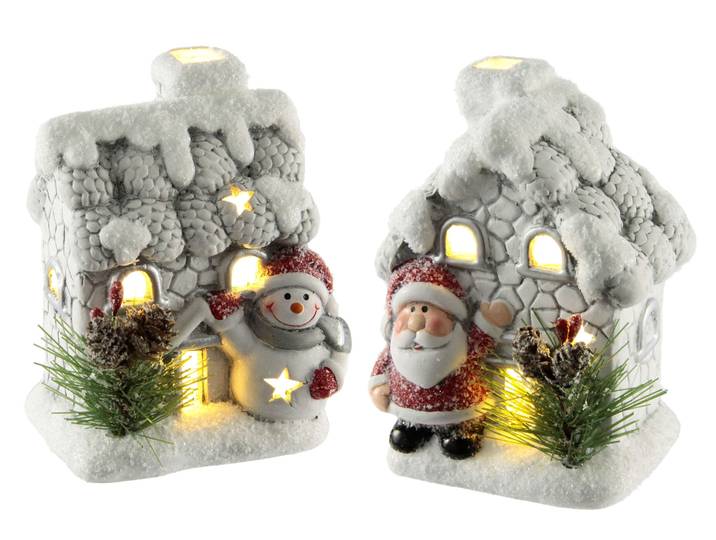 LED-Dekofigur I.GE.A. Haus mit Schneemann Nikolaus LED-Licht , rot (weiß, rot), B:8cm H:11cm, Terrakotta, Dekofiguren, LED-Dekofigur, 2er Set Häuser Deko Lichthaus Weihnachten Weihnachtsdeko Adventsdeko