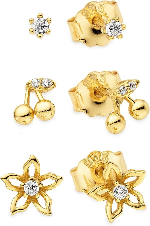 Ohrstecker-Set FIRETTI "Schmuck, Geschenk, Solitär-Optik, Kirschen-Optik, Blüten-Optik", gold (gelbgoldfarben, kristallweiß, kristallweiß), Ohrringe, Damen, Silber 925 (Sterlingsilber), Ohrstecker-Set, mit Zirkonia (synth.)