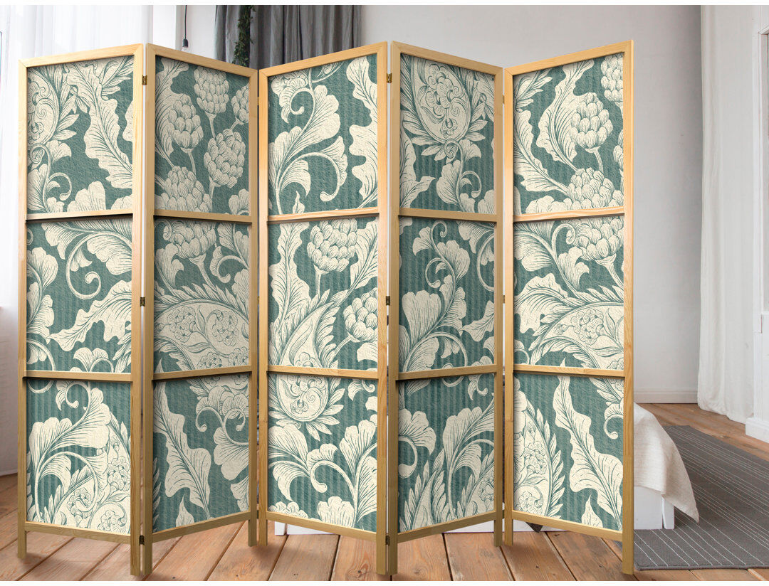 East Urban Home 225cm W x 171cm H 5 - Panel Solid Wood Folding Room Divider Green 171cm H X 225cm W X 1.2cm D
