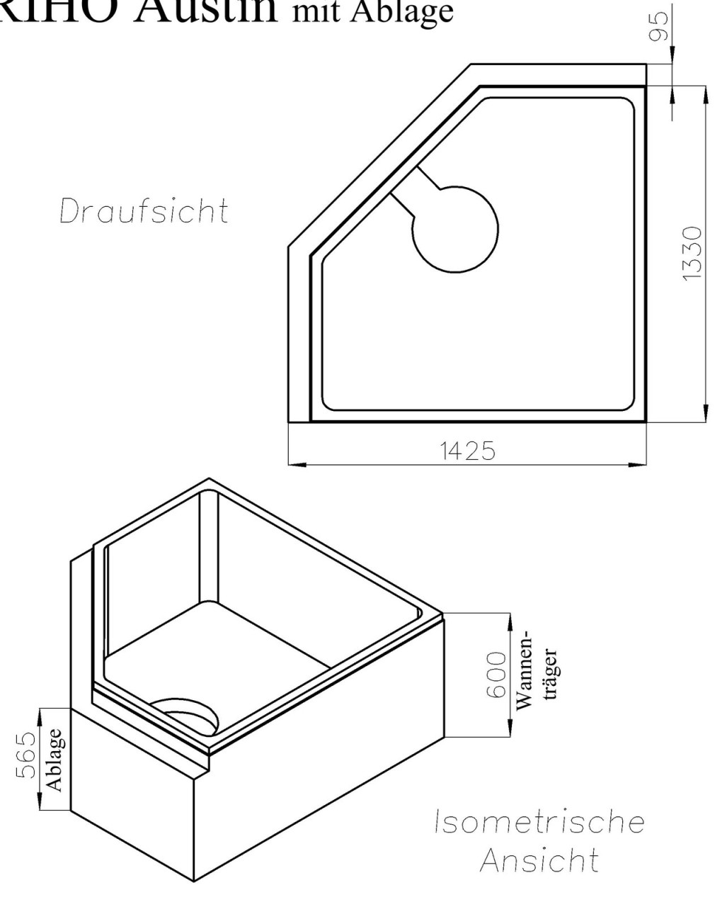 Neuesbad Wannenträger für RIHO Austin 145x145 mit Ablage Fünfeck SW14449A