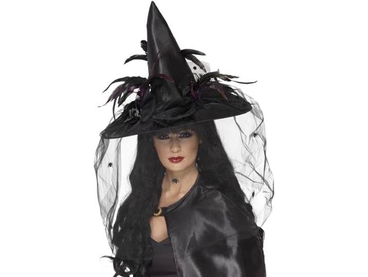 Witch Hat, Feathers & Netting, Black, Deluxe