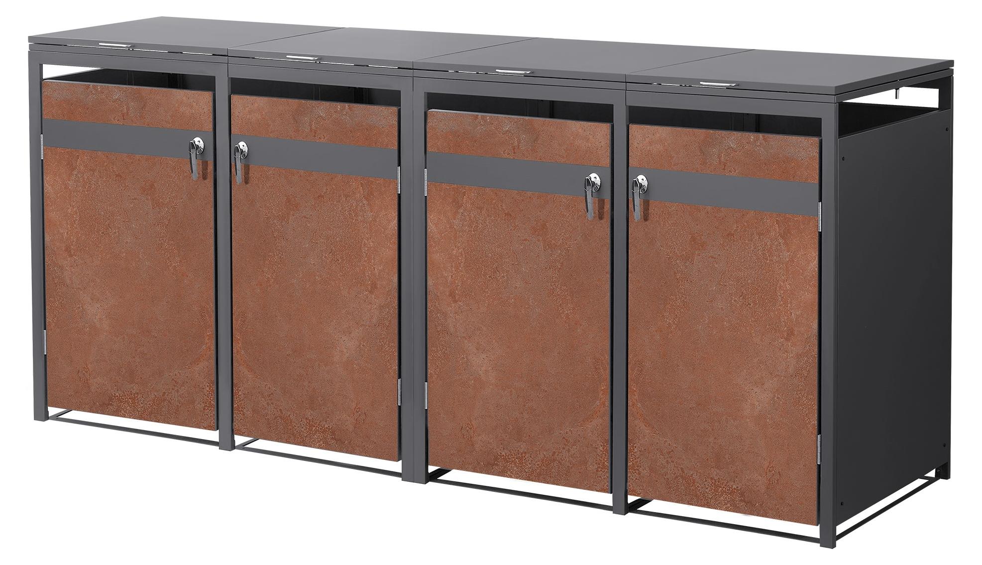 ML-Design Mülltonnenbox 4er Mülltonnen, 240L, 264x80x120 cm, Anthrazit-Rostoptik, Stahl, Wetterfest, Abschließbare Mülltonnenverkleidung Müllbox