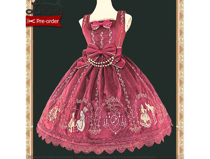Pré-commande Robe JSK Lolita classique en flanelle brodée, robe de soirée mi-longue ~ Cendrillon par Infanta