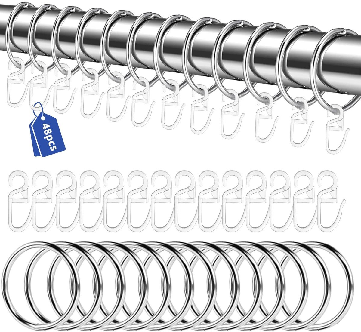 Solidchoice - Set van 48 metalen gordijnringen met haken