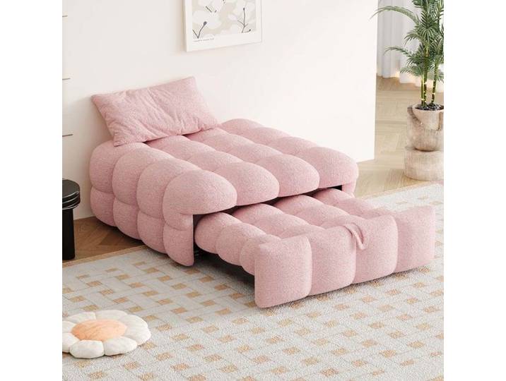 Canape Convertible Lit 2 en 1 Pouf tissu teddy moelleux Rose