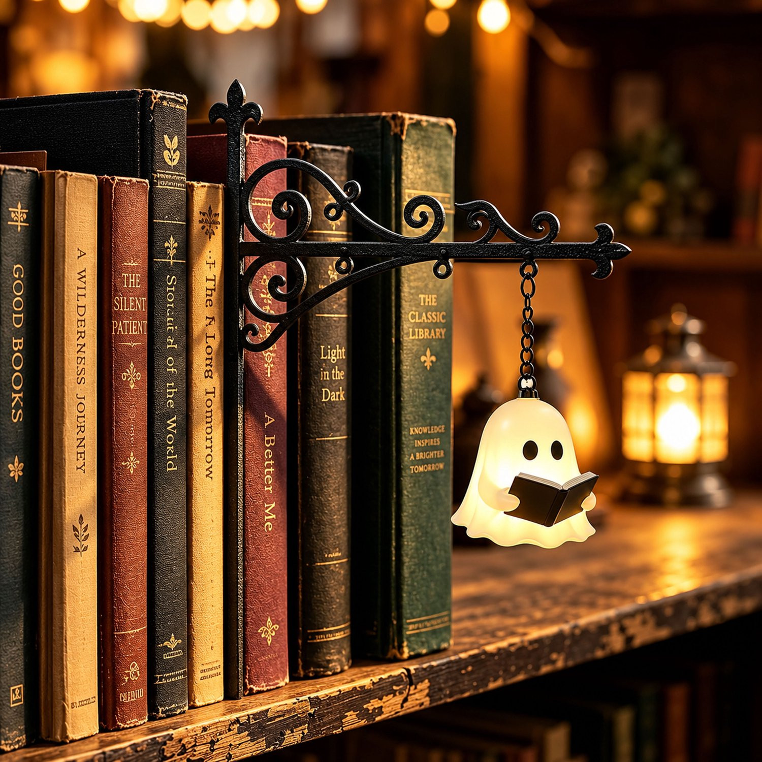 Kaiyaya Vintage LED Boekensteun met Hangende Spooklamp - Metaal en Silicone - Batterijbediend