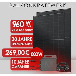 Balkonkraftwerk 960 Wp 2x AIKO Solar 480 W Full Black Glas Glas + 800W Marstek Wechselrichter