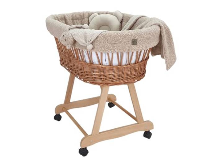 Wiklinopol Stubenwagen Amelia – Handgeflochtener Moseskorb Natur mit Gestell & Matratze – 5-teiliges Teddy-Bettset Beige – Tragbarer Babykorb mit Rollen – Ideal für Neugeborene