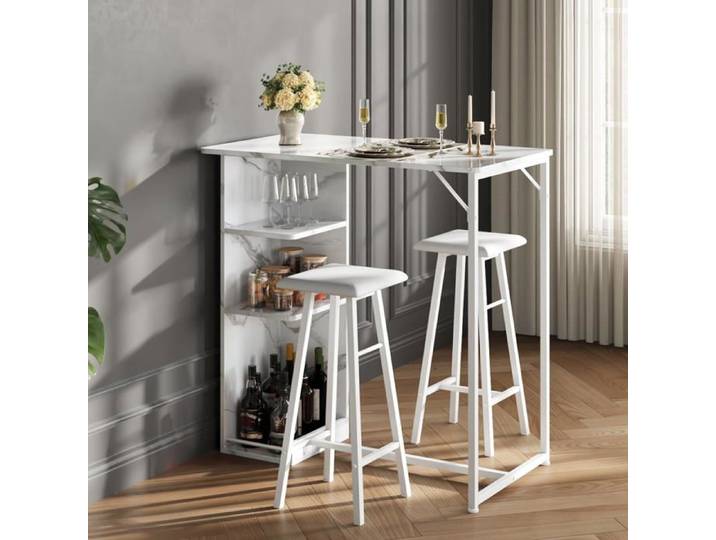 Table de bar avec 2 tabourets de bar rembourrés table 91x50x90 cm avec 3 compartiments de rangement pour bar salon Blanc