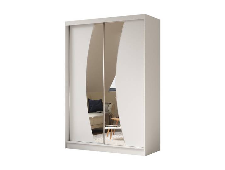 KLEIDERSCHRANK mit Spiegel-Schiebetüren und Aluminium-Leisten, LED-Beleuchtung - VOXI - 150 cm Weiß