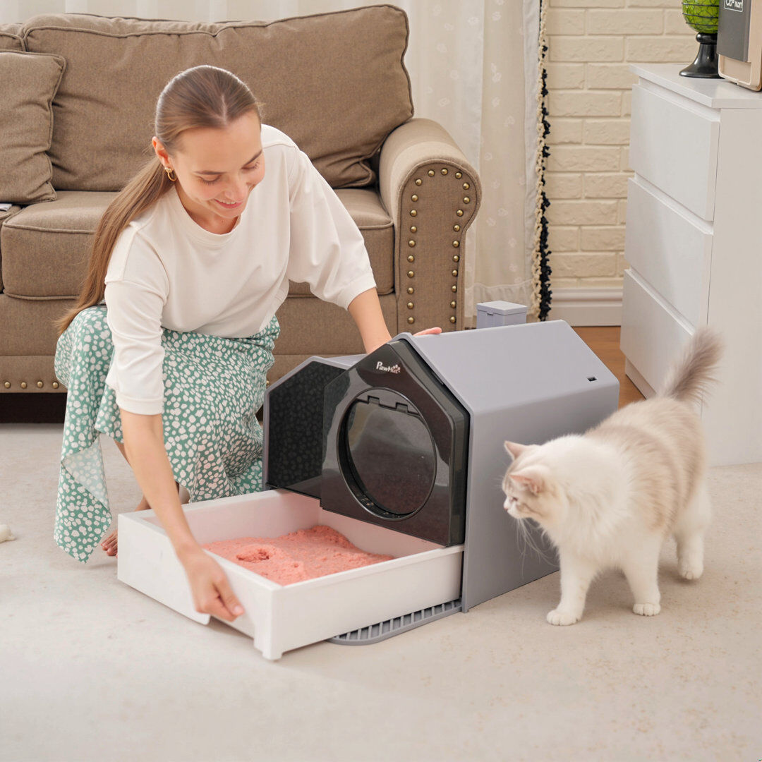 PawHut Hooded Cat Litter Tray with Scoop Drawer Pan Handle Deodorants Gray 42cm H X 47cm W X 45cm D