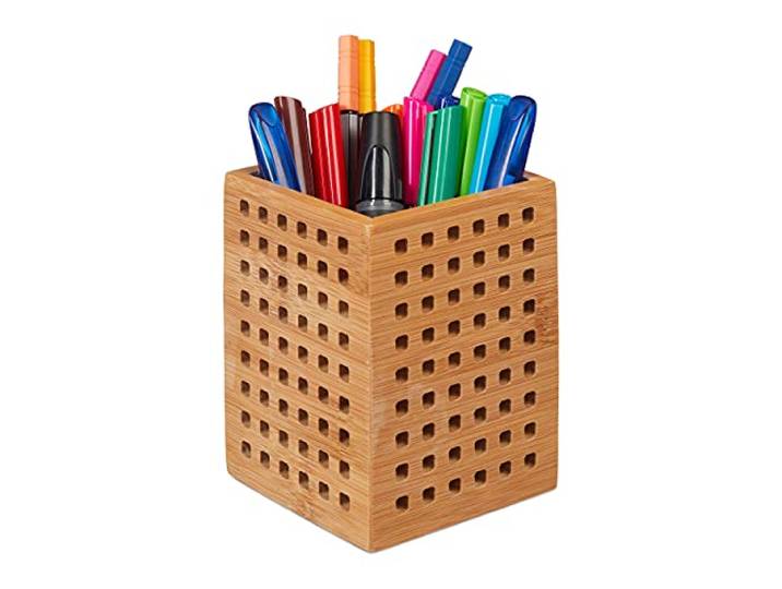 Relaxdays Pot à crayons en bois de bambou pour crayons\, ciseaux\, porte-stylos Style maison de campagne HBT 11 x 9 x 9 cm