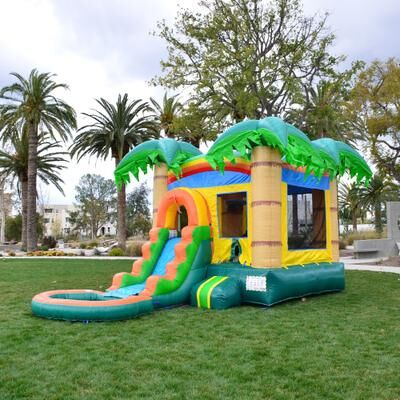 HeroKiddo Tropical Forest Inflatable Bounce House & Water Slide Combo with Attached Pool & Air Blower for Kids