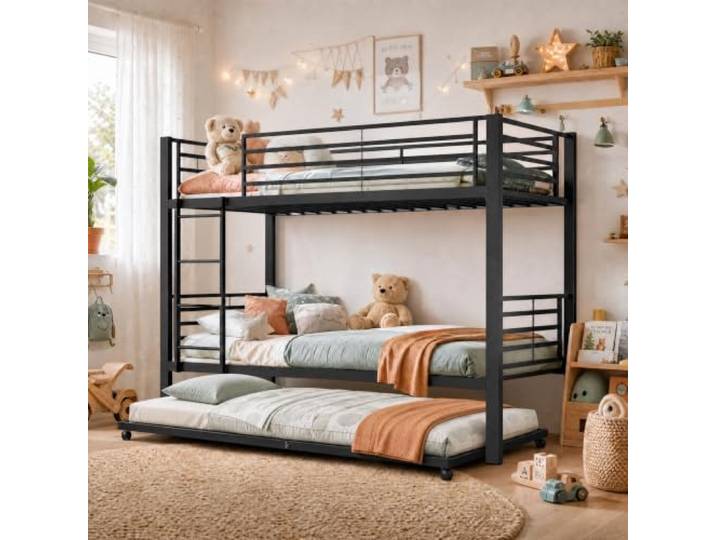 FAVSH Etagenbett 90x200 cm aus Metall, Hochbett mit Rausfallschutz und Leiter, Geräuscharmes Doppelbett, rutschfest, für Jugendliche und Erwachsene, WG & Ferienwohnung, Schwarz D