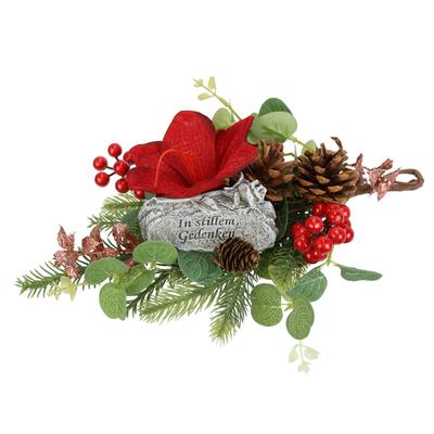 Kunstblume OTTO HOME "Tannen-Aufleger mit Amaryllis und Gedenkstein", rot, B:20cm H:18cm L:31cm, Kunstpflanzen, Florales Arrangement mit roter Amaryllis, Beeren und Zapfen