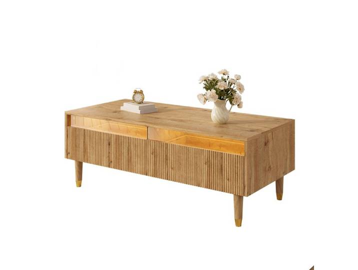 Table basse LED actuelle tiroirs ondulés pieds bois doré ruban multicolore TABLE BASSE