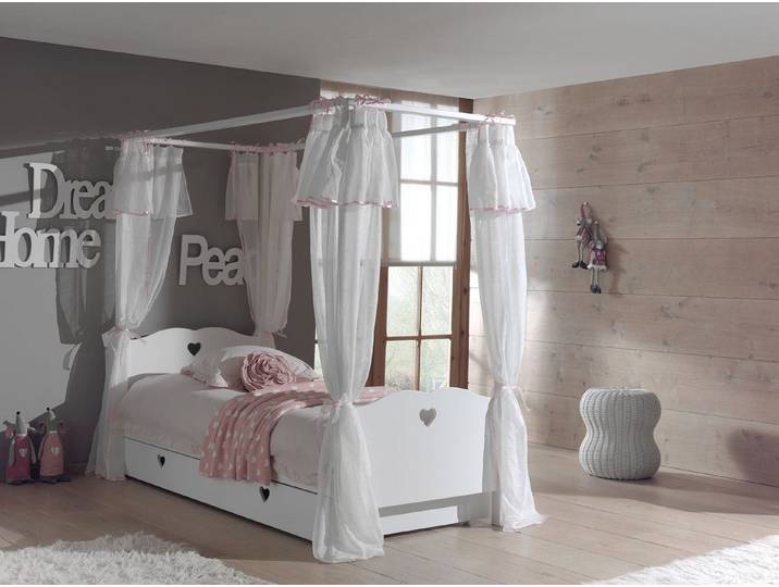 Natur24 Kinderbett Amori Set aus Himmelbett Bettschublade Textil-Vorhang MDF Kieferholz