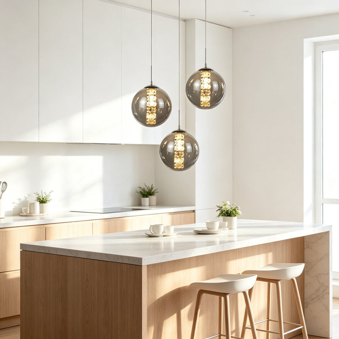 George Oliver Amice 3-Light G9 LED Height Adjustable Glass Pendant Light, 3000K for Kitchen Island Dining Room Grey 15cm H X 28cm W X 28cm D