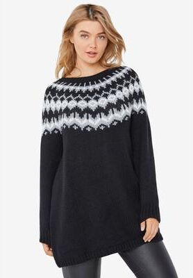 Plus Size Women's Fair Isle Sweater Tunic by ellos in Black Fair Isle (Size 14/16)