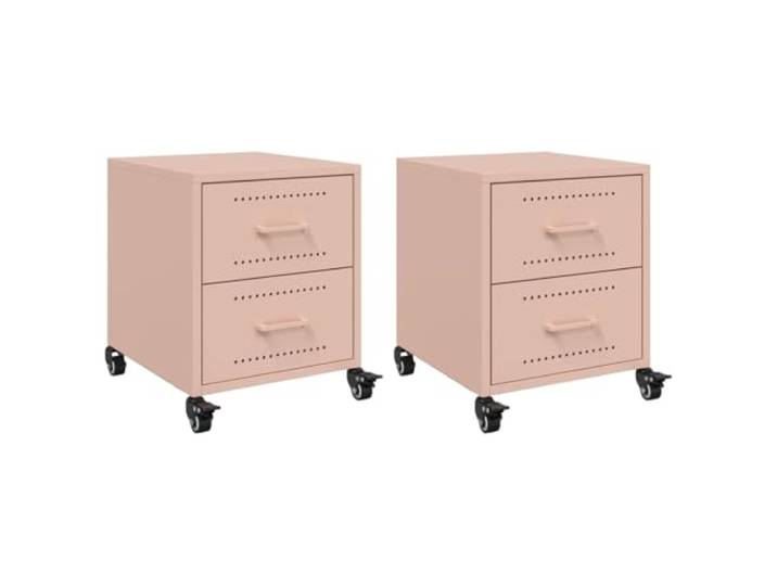 KDVXBCQJH Nachttisch 2er Set Rosa Stahl Beistelltisch 36x39x43,5 cm Mobiles Schubladenschränkchen fürs Schlafzimmer mit leichtgängigen Rollen und griffiger Front für schnellen Zugriff.