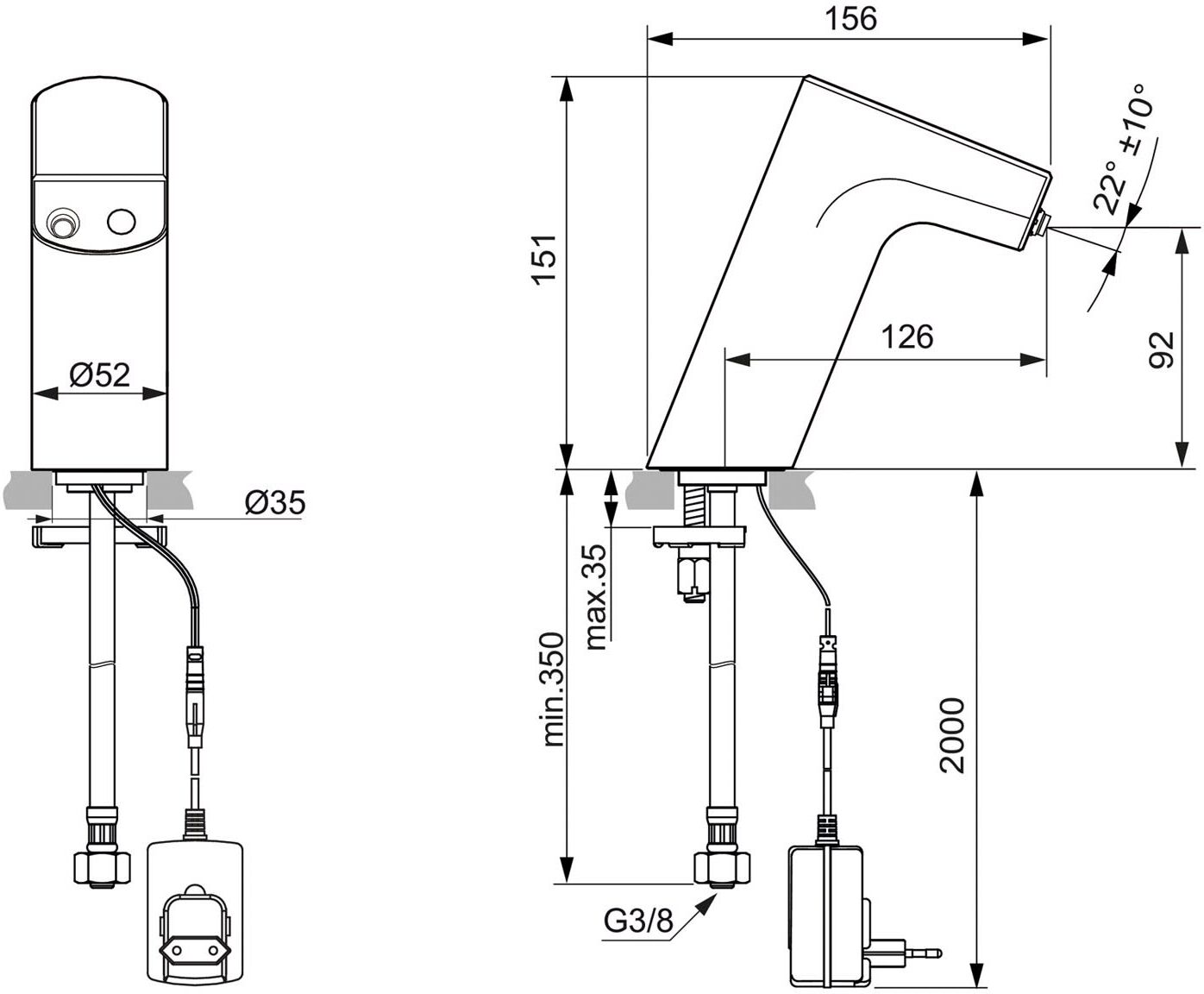 Ideal Standard Waschtischarmatur Netzbetrieb ohne Mixer Ausladung 12,6 cm