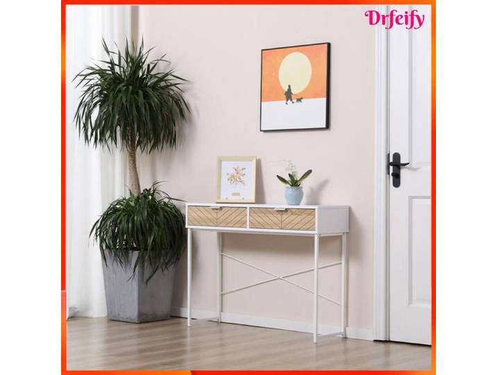 Console - AKOZON - 7612 - 2 tiroirs - Aspect bois de chêne sculpté - Piètement métal blanc