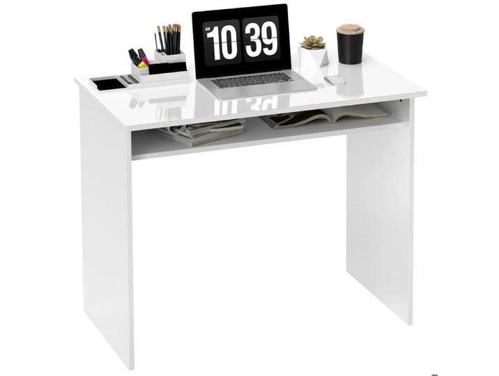 Bureau informatique compact avec étagère 90x50x74 cm blanc laqué panneaux de particules