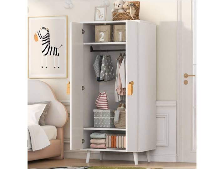 WUVRIE Armoire de chambre double porte 70 x 55 x 170 cm MDF blanche poignées cartoon pieds surélevés